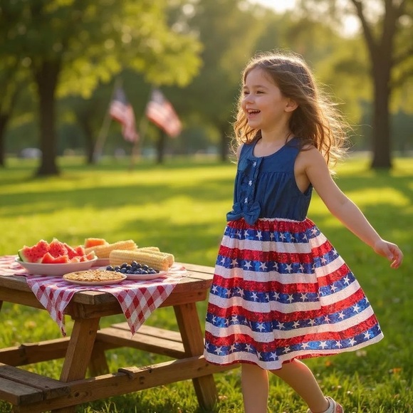 Girls 4th of July Sequins Bow Patriotic American Flag Dress Day 4XL (10-12yrs) - Picture 1 of 14